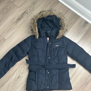 Navy Down Puffer Jacket with Faux Fur Hood